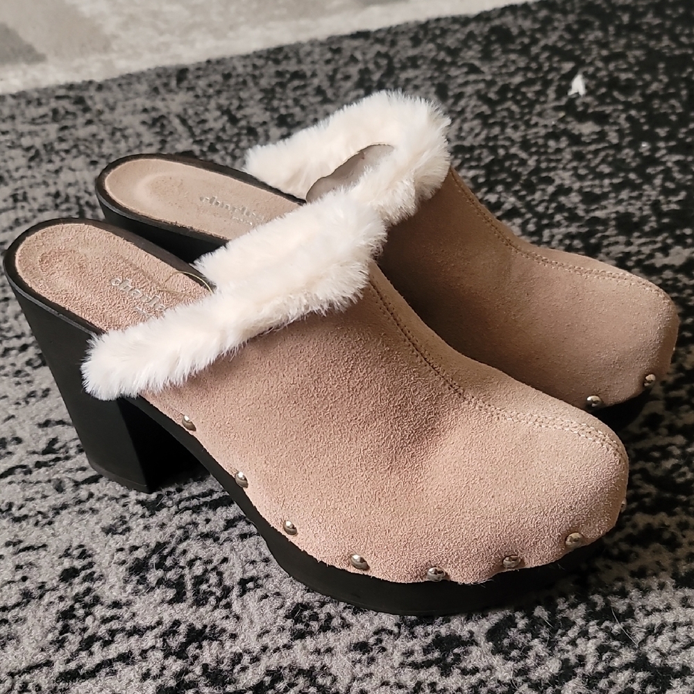 Charles David Tan and White Cozy Mules with Fuzzy Trim